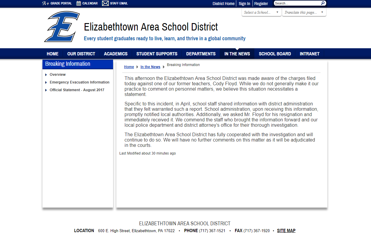 Elizabethtown Area School District statement